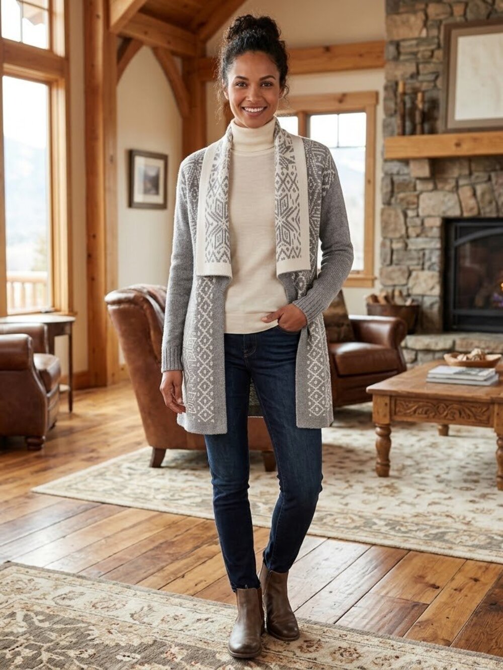 Talbot’s cashmere wool open front Fair Isle gray white Nordic cardigan, Sp